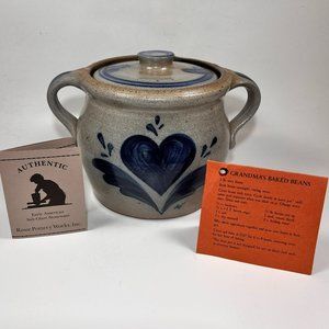 Vtg Rowe Pottery Works Crock Bean Pot Stoneware Salt Glazed Double Handle 80s